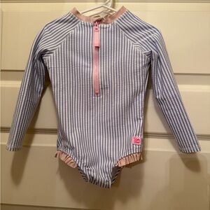 Blue and White Striped Long Sleeve Swimsuit